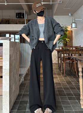 黑色窄版阔腿裤女加厚2026春季冬高腰垂感羊毛呢西装裤休闲直筒裤