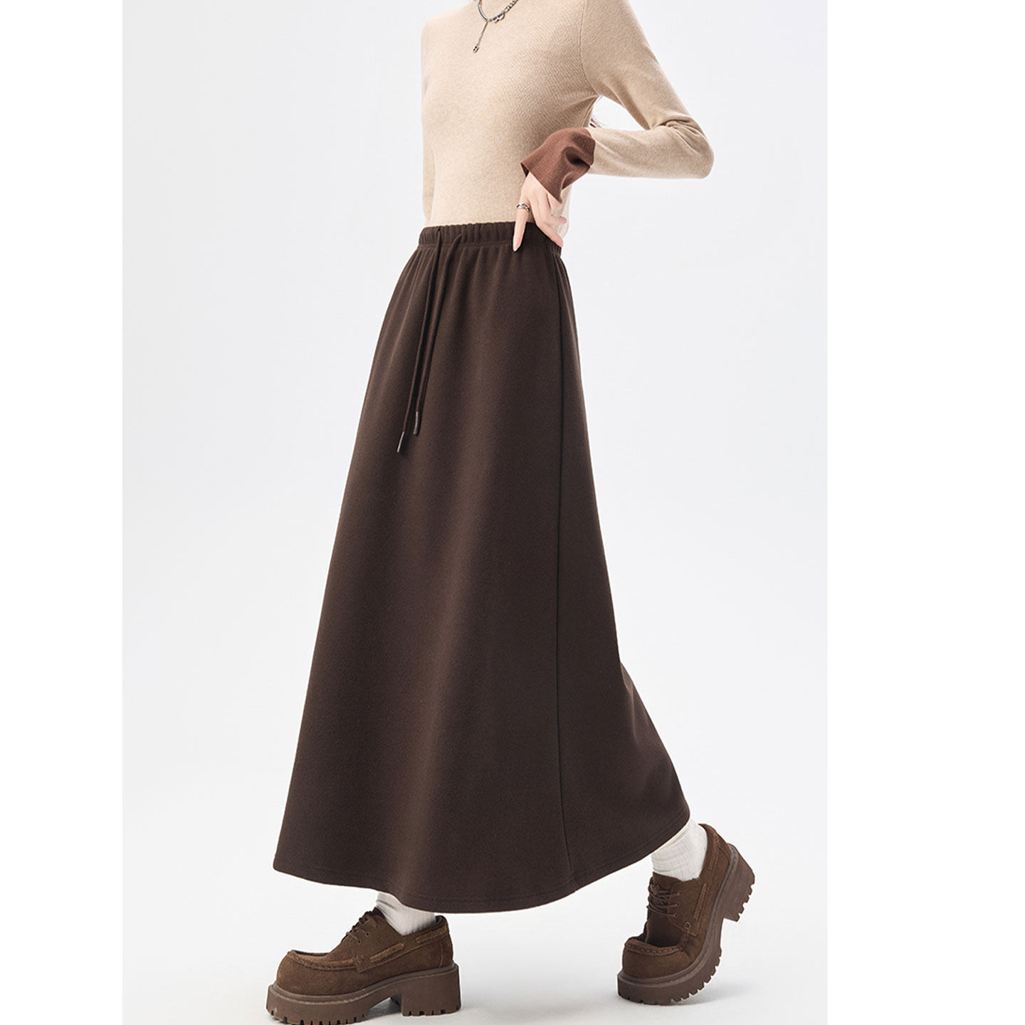 羊绒加绒半身裙女秋冬松紧高腰抽绳休闲裙直筒A字运动卫裙带屁帘