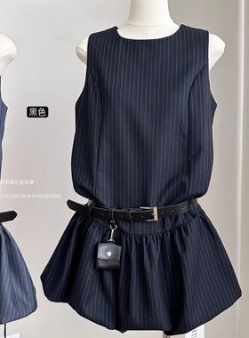 高级感无袖条纹背心连衣裙女2025夏季收腰显瘦蓬蓬花苞西装短裙子