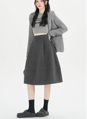 灰色加绒毛呢半身裙中长款花苞裙秋冬高级感韩系呢料显瘦a字裙子
