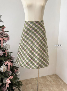 绿色格纹直筒毛呢半裙女秋冬新款气质高腰显瘦独特超好看半身裙子
