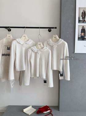 白色木耳边毛边翻领长袖T恤女春季超好看的毛茸茸针织衫打底上衣