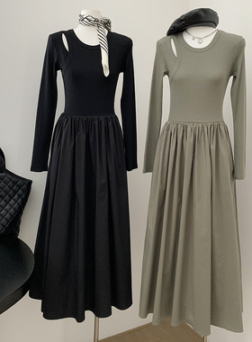 镂空针织长袖连衣裙女秋新款设计感小众气质修身显瘦长裙