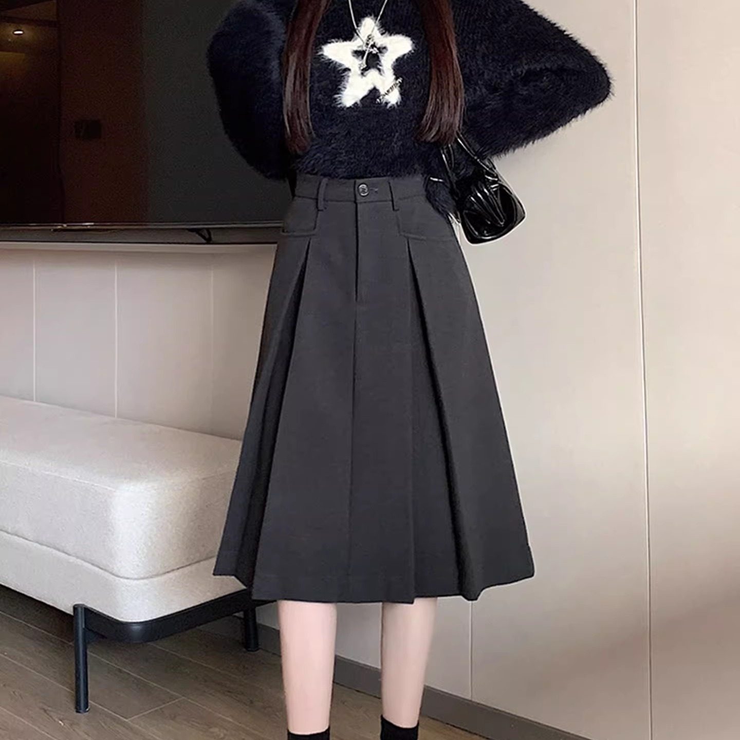 超好看冬装半身裙灰色百褶裙女梨形中长款高级a字黑色毛呢半裙子,女装/女士精品,半身裙,淘宝优惠券,粉丝福利购,淘宝优惠卷
