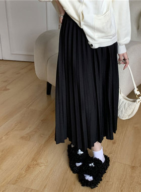 黑色半身裙松紧高腰百褶裙秋冬显瘦垂感百搭遮胯气质a字中长裙子