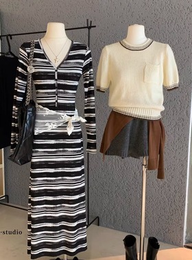 纯欲撞色条纹V领长袖包臀裙轻熟气质收腰显瘦巨好看的早秋连衣裙