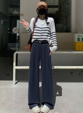 黑色毛呢阔腿西装裤女秋冬季高级高腰垂感小个子直筒拖地休闲裤子