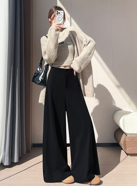2026春季新款高级毛呢羊绒阔腿西装裤女黑色高腰直筒休闲拖地长裤