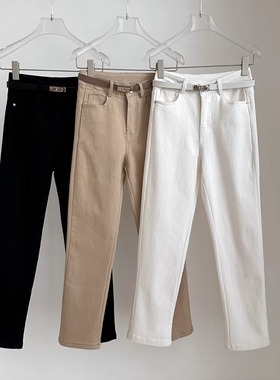 经典老钱风九分烟筒裤白色牛仔裤女秋冬加绒修身休闲厚卡其长裤子