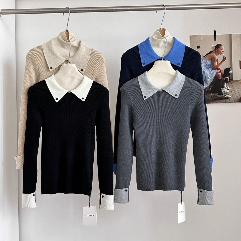 灰色假两件针织衫女秋冬内搭毛衣