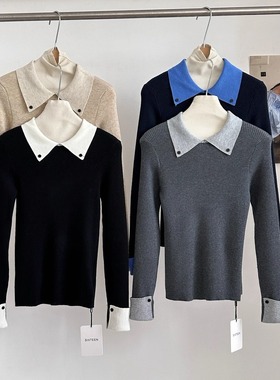 灰色假两件针织衫女秋冬内搭修身气质打底衫巨好看的长袖毛衣上衣