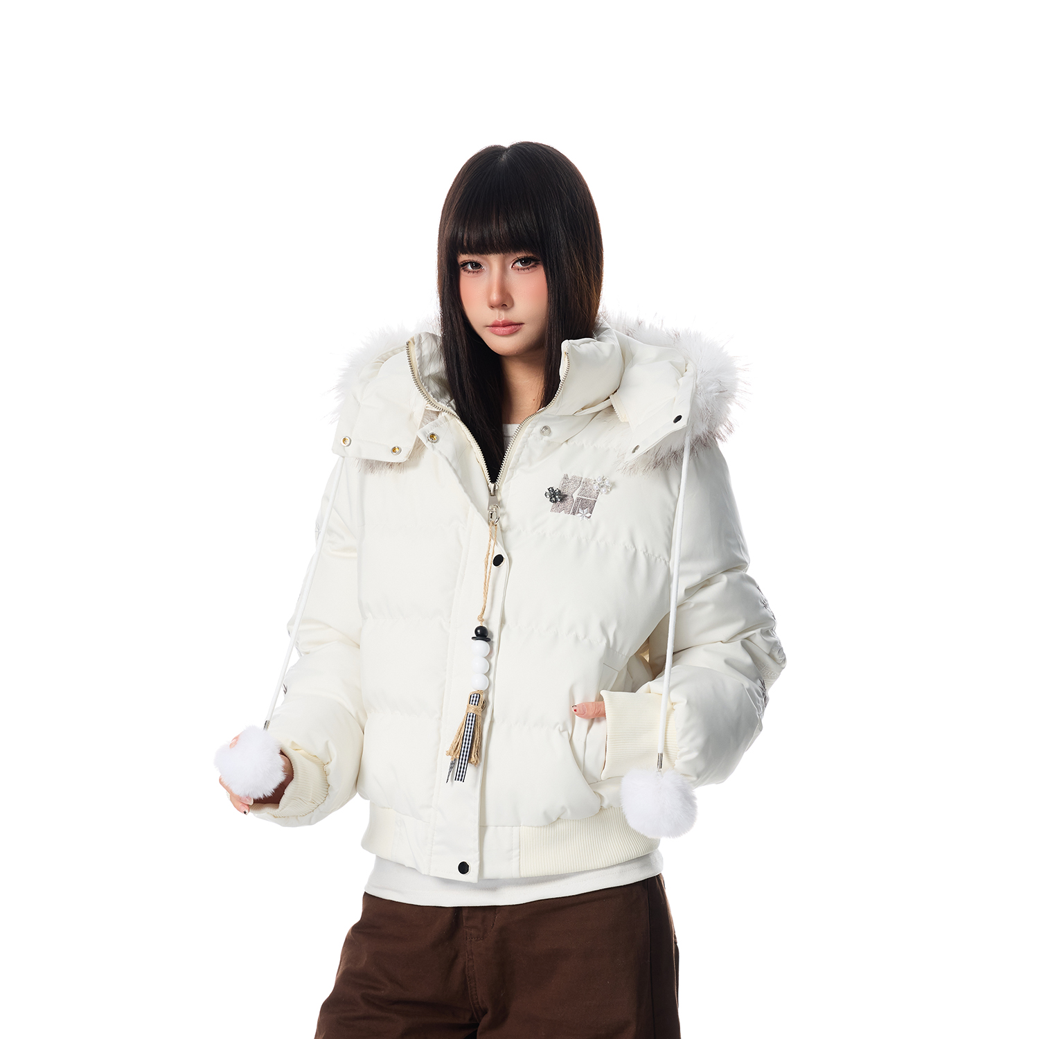 SREK冬季新款美式复古毛领派克棉服女短款加厚保暖连帽外套百搭