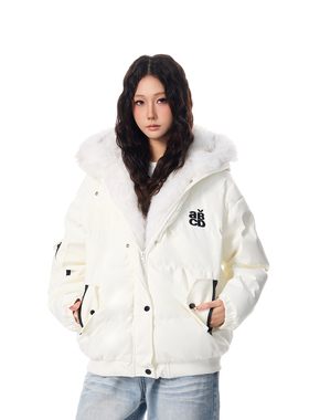 SREK美式复古高级感毛领连帽棉服女冬季新款宽松保暖加厚棉衣外套