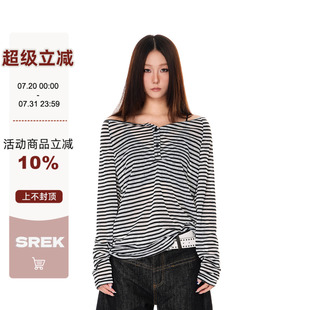 新款 SREK美式 復(fù)古條紋一字肩長袖 T恤女秋季 寬松露肩上衣