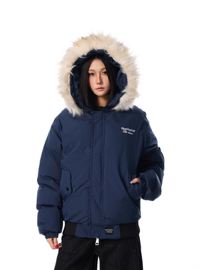 SREK 美式复古工装毛领连帽棉服外套男女冬季飞行员潮牌加厚棉衣