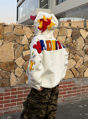 SREK美式复古字母刺绣连帽卫衣男女2026新款宽松白色情侣帽衫外套