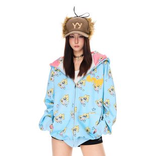 SREK美式复古辣妹满印卡通印花连帽卫衣女秋季新款宽松休闲外套