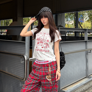 SREK美式 T恤女白色圆领显瘦百搭上衣 复古风波点独角兽刺绣短袖