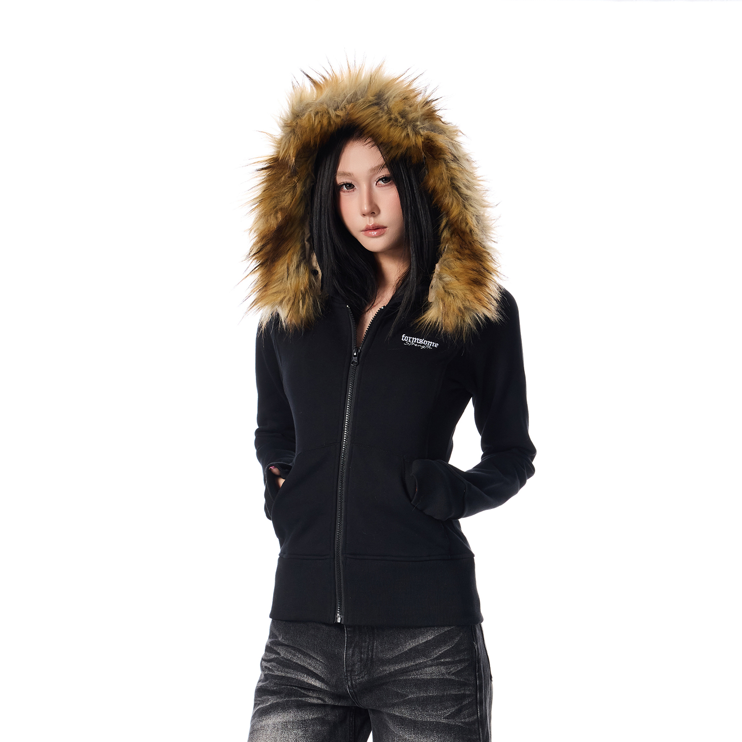 SREK美式复古辣妹毛领连帽卫衣女秋冬新款宽松休闲百搭开衫外套