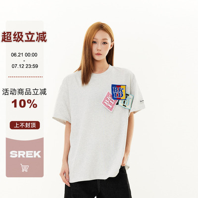 SREK美式复古简约字母印花短袖T恤男女夏季宽松休闲情侣半袖上衣