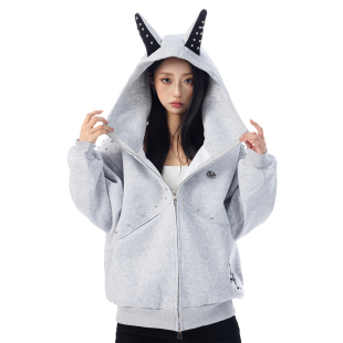 SREK美式复古辣妹铆钉连帽卫衣男女2025秋季新款宽松休闲情侣帽衫