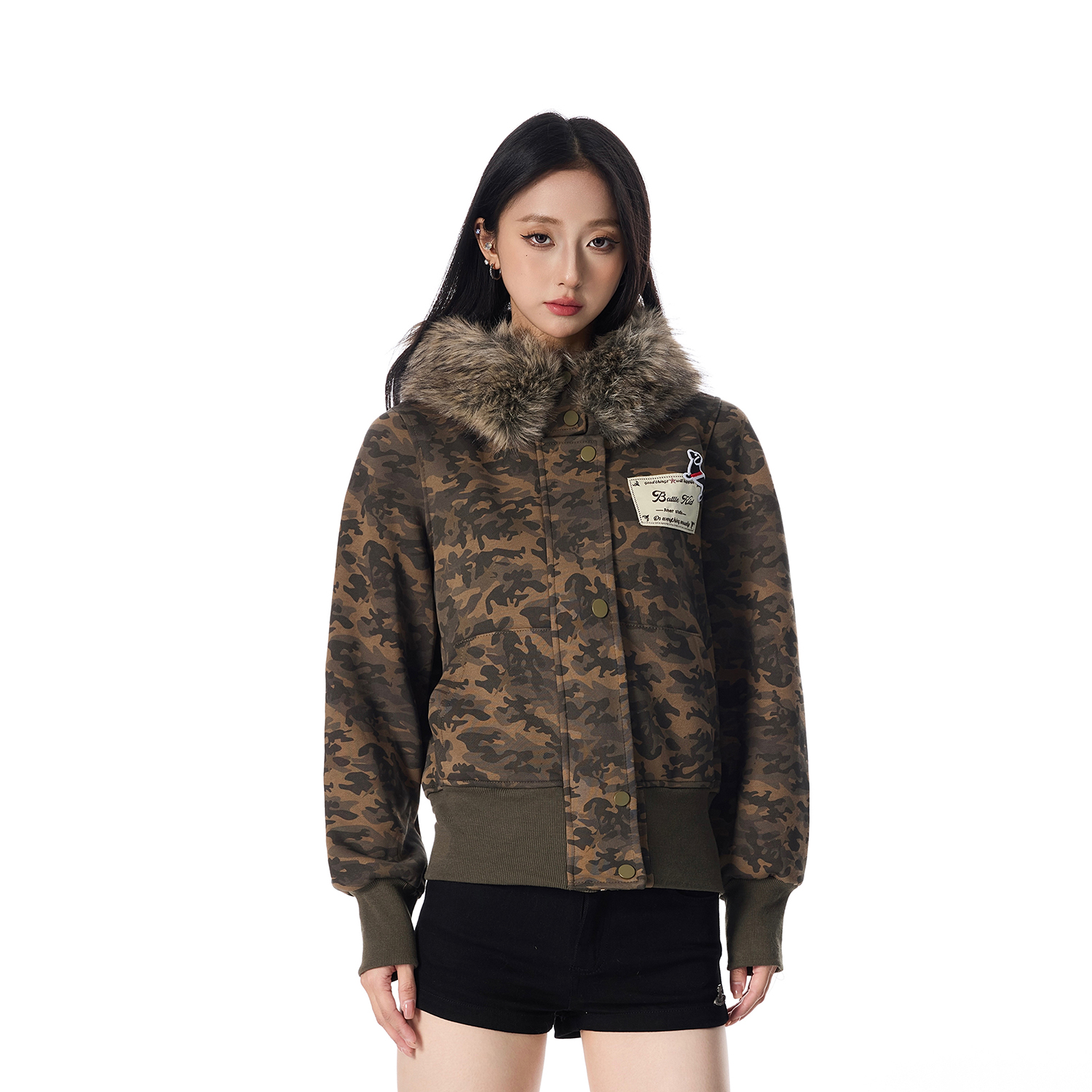 SREK美式复古迷彩座山雕毛领短款时尚棉服派克服女冬季保暖外套