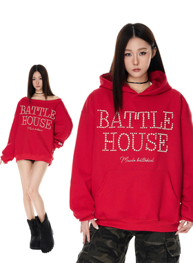 SREK美式设计感珍珠字母连帽卫衣女秋季潮牌宽松休闲百搭情侣帽衫