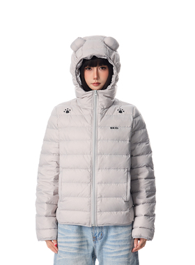 SREK新款甜酷小熊耳朵连帽排骨羽绒服黑色轻薄保暖外套男女冬季