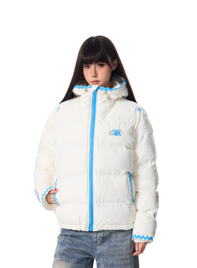 SREK甜美风白色连帽棉服女冬季加厚保暖直筒拉链棉衣高级感外套