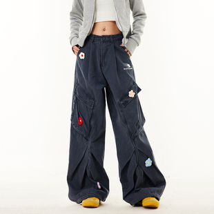 高街垂感阔腿裤 SREK美式 男女秋冬季 牛仔裤 子 复古花朵刺绣伞兵工装