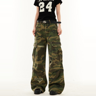 SREK美式复古cleanfit迷彩工装裤男女直筒假破洞阔腿垂感牛仔裤子