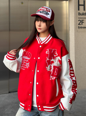 SREK新款休闲美式复古风棒球服男女情侣宽松刺绣字母拼色袖外套潮