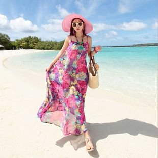 夏吊带沙滩裙子波西米亚长裙 泰国海南度假雪纺连衣裙女装 韩版 新款