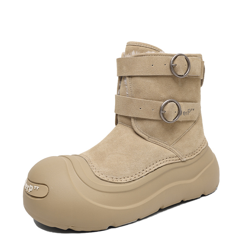 情侣时尚新款雪地靴厚底增高冬季加绒加厚大头短靴保暖棉鞋皮带扣