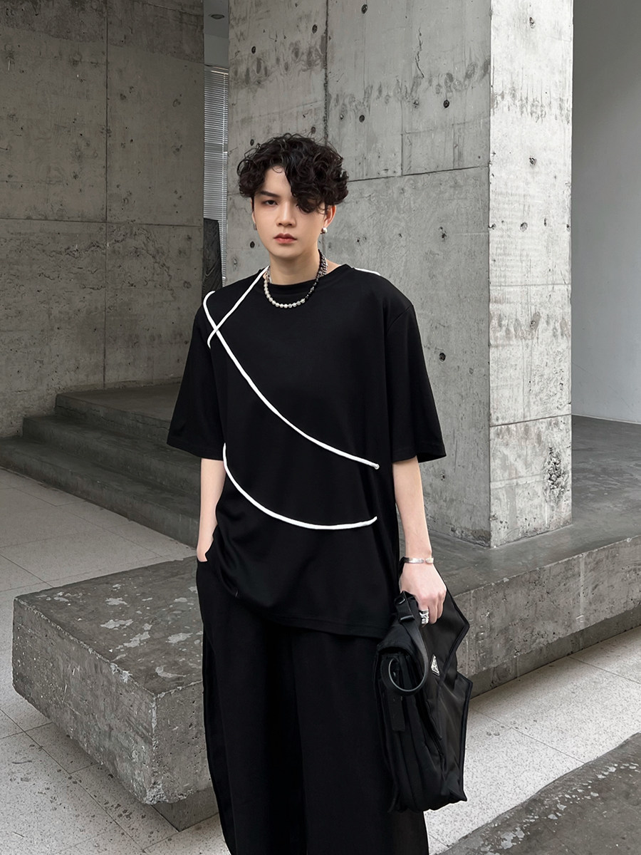 fei自制夏季暗黑高级感休闲垫肩短袖潮流宽松简约t恤穿绳设计情侣