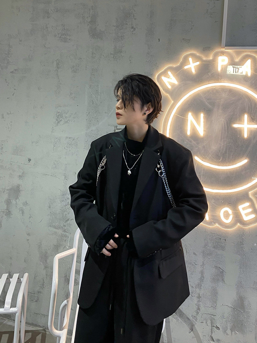 fei新款自制暗黑男廓形链条西装雅痞休闲外套可拆卸挂链装饰西服