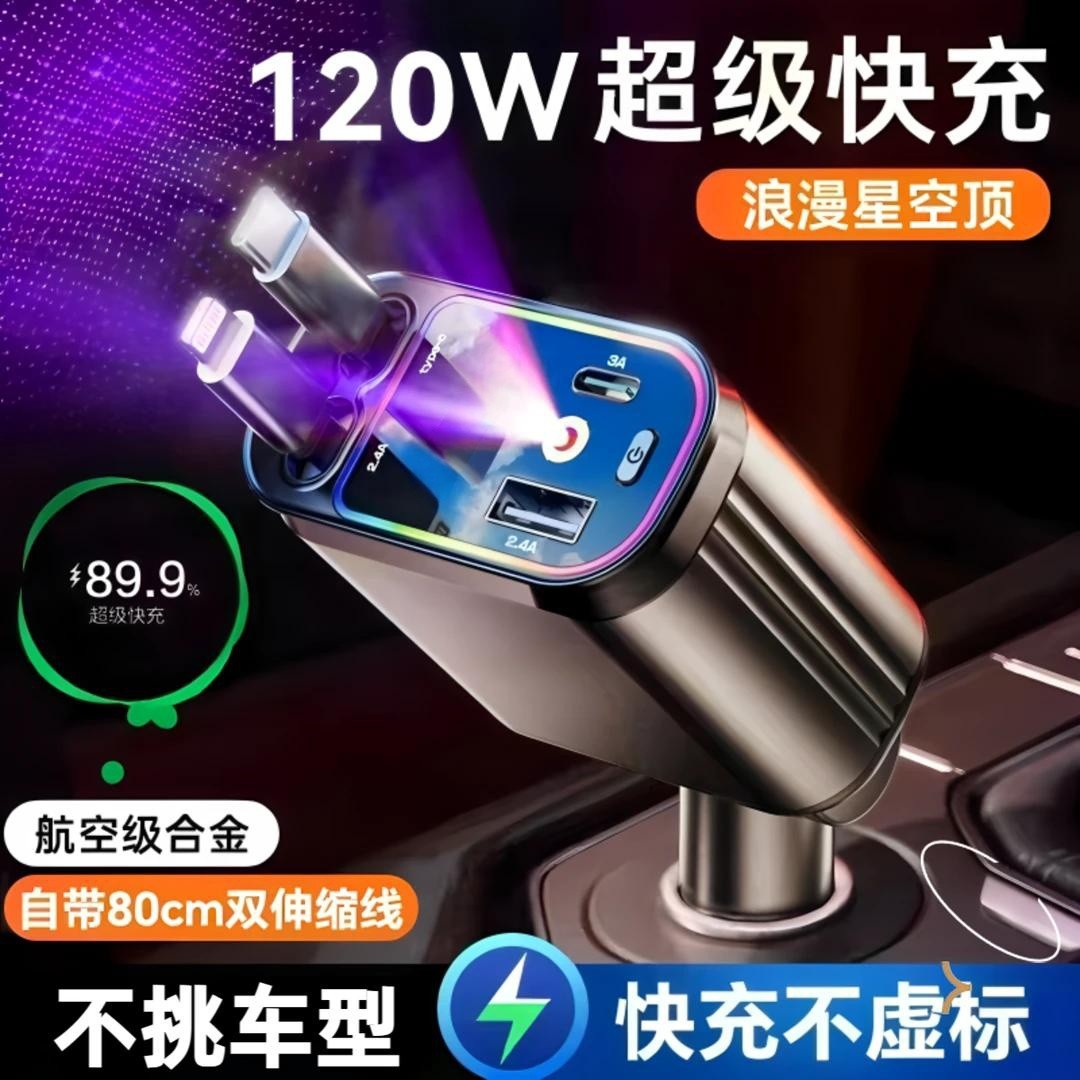 紫色星空顶120W车载快充点烟器