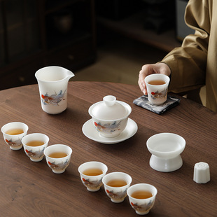 年年有鱼白瓷盖碗套组家用泡茶功夫茶具礼盒装