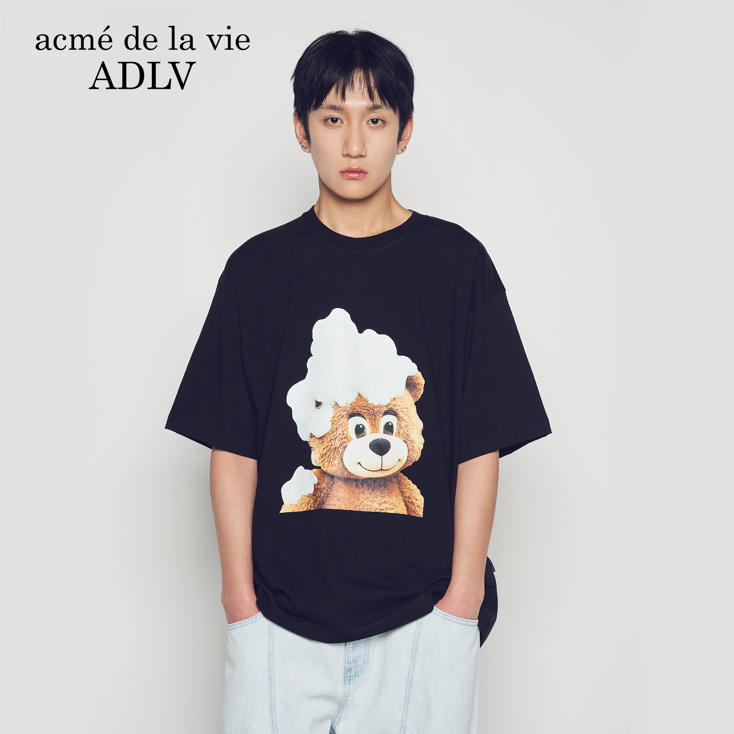 ADLV2026年新款短袖AC熊娃娃脸泡泡印花T恤男女通用圆领创意上衣