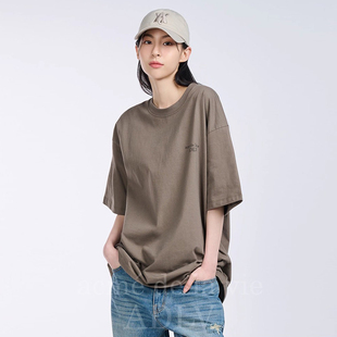 ADLV纯棉字母印花短袖T恤女士宽松落肩袖深色上衣潮流圆领街头风