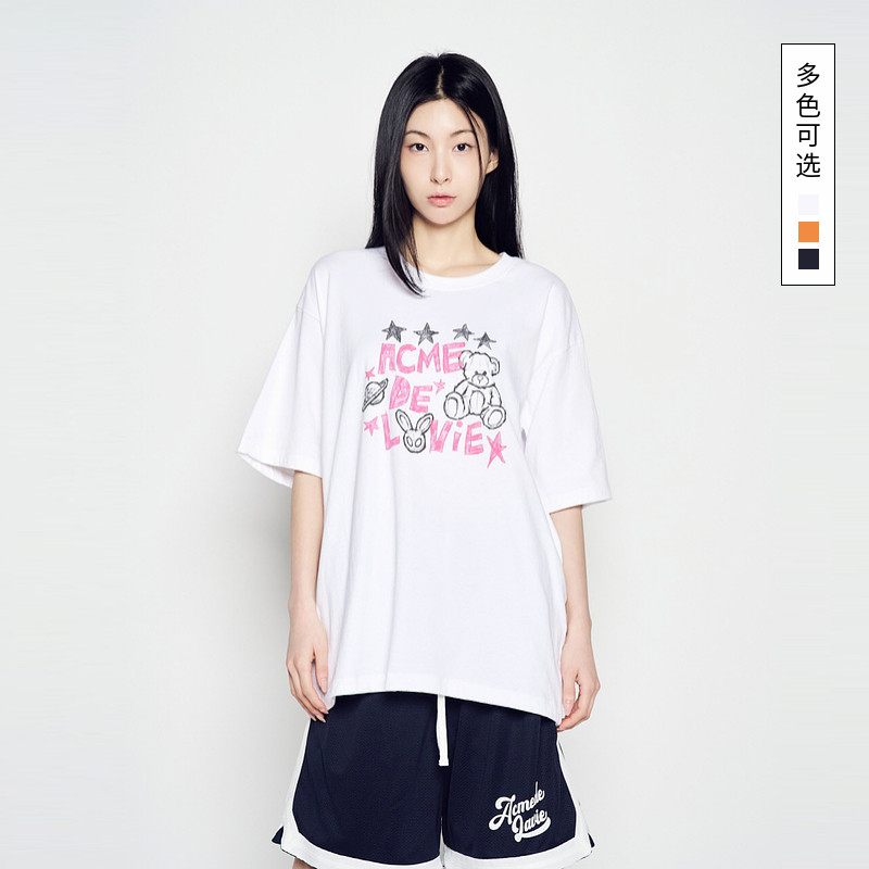 ADLV韩国潮牌2025夏季新款短袖T恤宇宙素描图片休闲上衣男女白色
