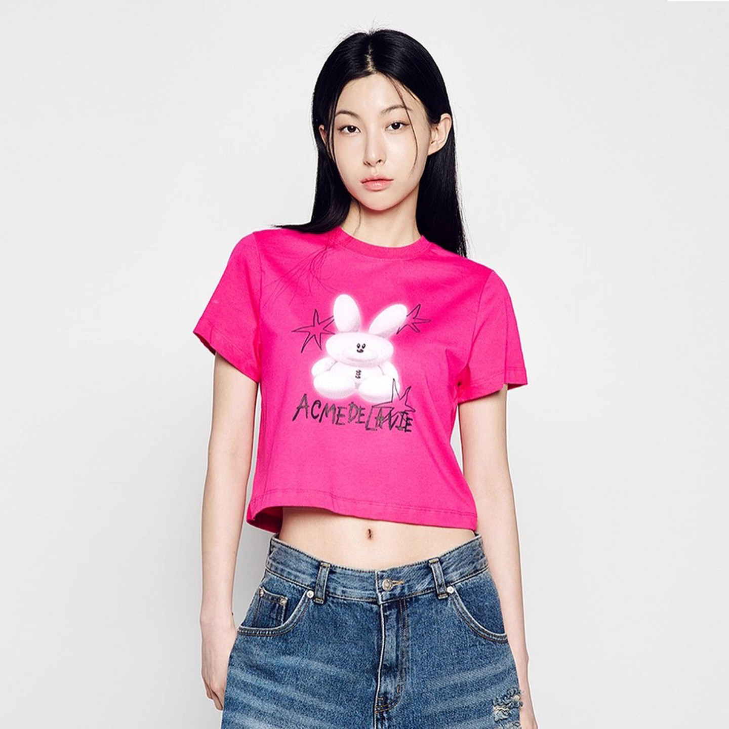 ADLV春夏季2025新款圆领短袖T恤小兔子印花休闲百搭女士辣妹短款