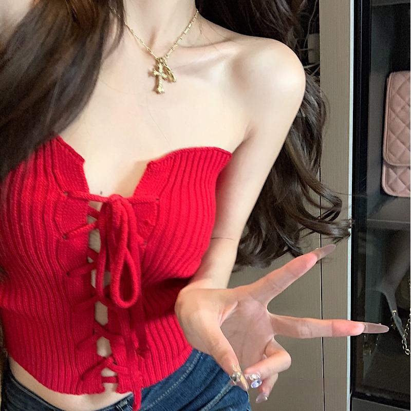 夏季新款抹胸针织背心女韩版性感甜辣妹纯色系带修身短款背心