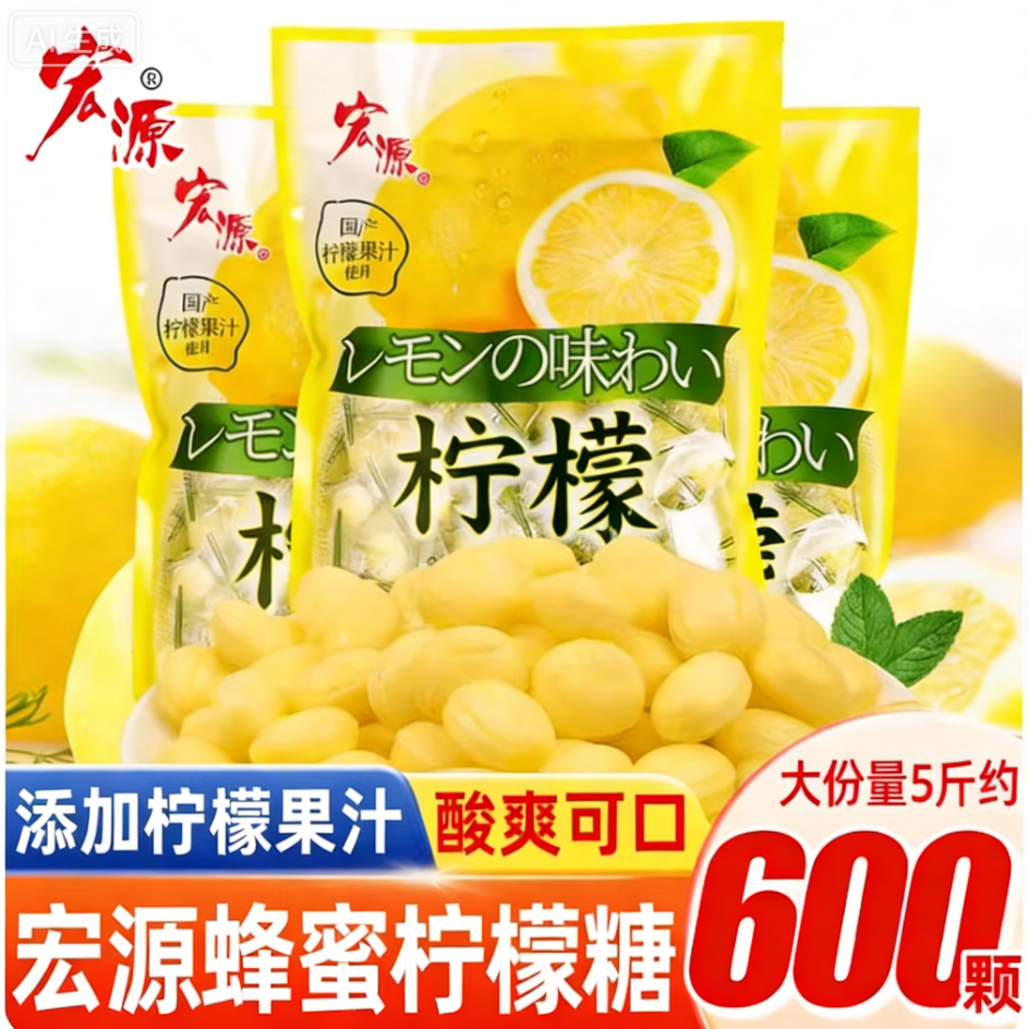 宏源蜂蜜柠檬果汁硬糖500克 糖果散装水果硬糖网红礼物休闲小零食