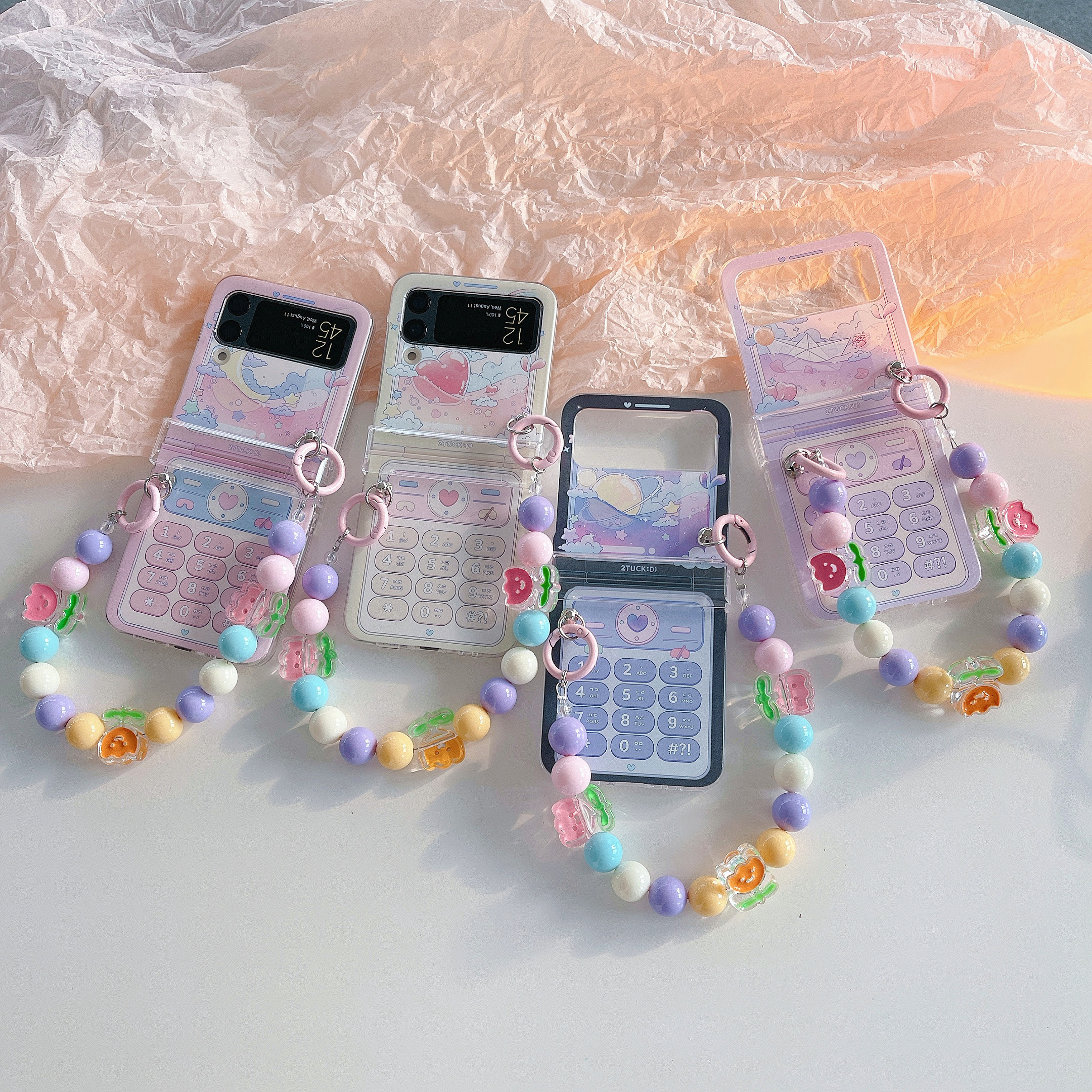 少女风电话BB机三星zflip3手机壳适用折叠屏Galaxy Z Flip4保护套SM-F7110全包铰链透明防摔外壳女款手提花链