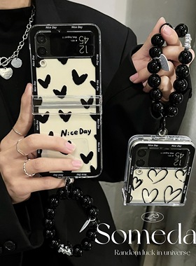 ins黑色爱心三星zflip4手机壳折叠屏Galaxy zflip3透明保护套F7210超薄防摔壳W23 Flip全包铰链个性女款翻盖
