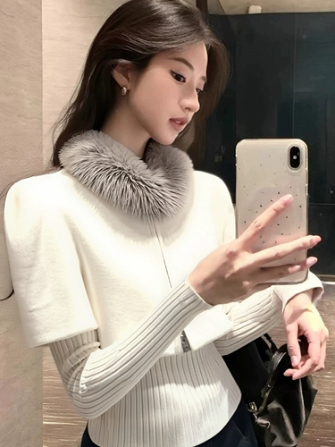 Зимний белый цветной трикотажный плащ, элитный модный свитер, французский стиль