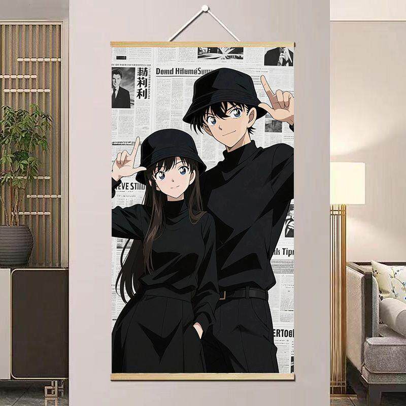 柯南小兰清新挂画室内墙上漫画风治愈系客厅卧室装饰画实木卷轴画