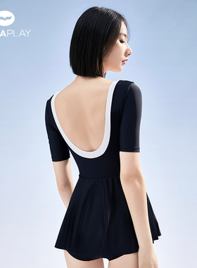 安泊来连体泳衣女法式泡温泉裙式保守遮肚显瘦海边度假黑色