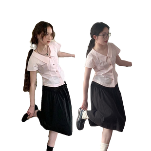 学院风粉色短袖衬衫女夏季法式别致小衫修身气质短款衬衣甜美上衣